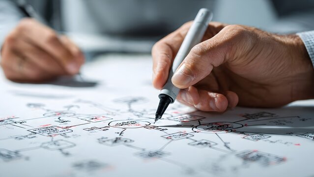 Close-up of hand drawing complex flowchart on paper, business strategy planning