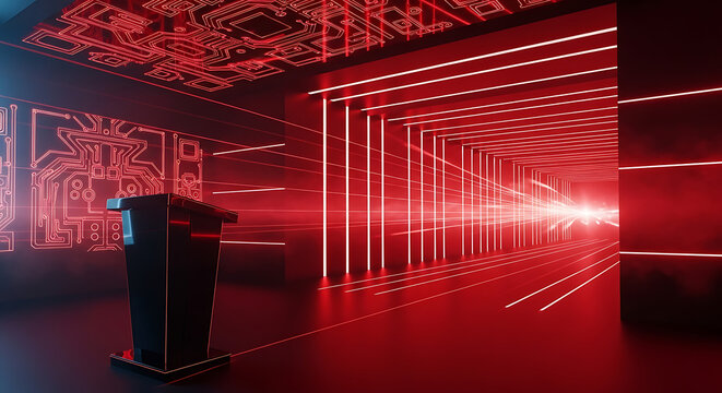 Vibrant Red Neon Casino Background Featuring a Glowing Light Tunnel with LED Lines and Laser Effects for a Futuristic 3D Stage in a Dark Underground Party Room Environment with Black Accents