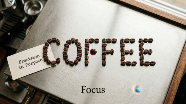 The word COFFEE spelled out with roasted coffee beans on a textured metallic surface