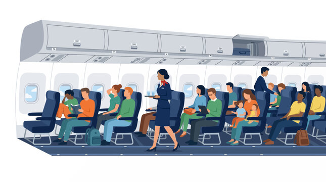 Modern flat vector illustration of diverse passengers inside an airplane cabin with a flight attendant serving drinks in the aisle during a commercial flight.