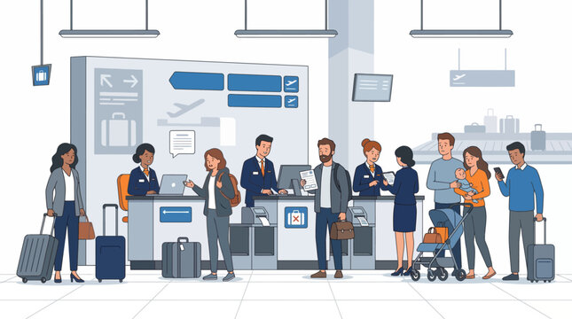Busy airport terminal check-in scene with diverse travelers and professional staff at counters, featuring luggage, families, and modern flat vector design art.