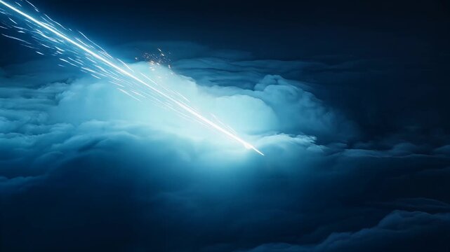 A streak of light shoots through a glowing cloud in a dark night sky.