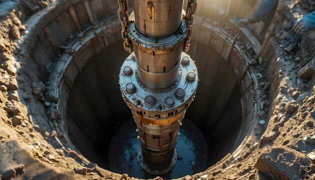 Dramatic aerial view of a deep oil well drilling rig with massive metal pipes and drill head descending into a dark borehole, showcasing industrial oil and gas extraction technology.