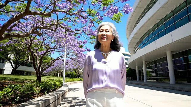 Smiling mature woman walks along pathway next to modern glass building and blooming purple jacaranda trees, corporate campus lifestyle footage.