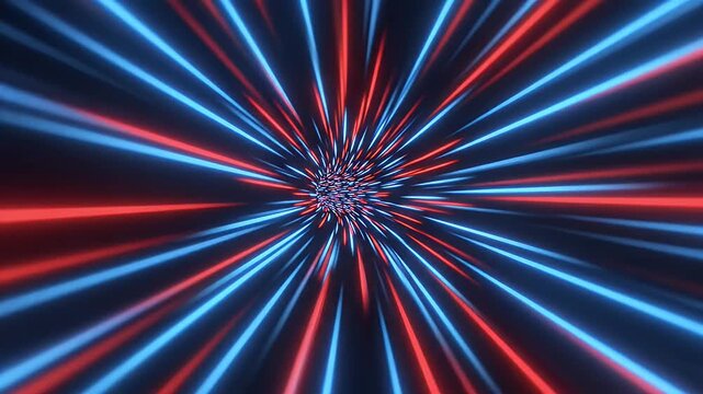 Abstract cosmic explosion of glowing red and blue light trails in a hyper space tunnel