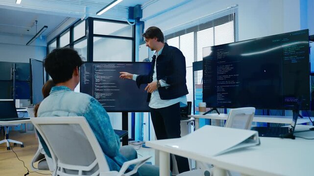 Diverse creative team of programmer develop ai assistant project together.Software engineer brainstorm about brain android robot,coding language,designer,artificial virtual intelligence with big data