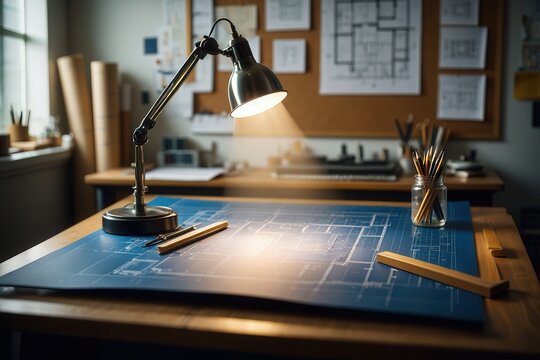 Architect's Desk with Blueprints and Drafting Lamp