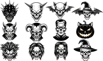 Halloween skull characters set with demon vampire witch pumpkin and monster faces, dark flat vector illustration for horror spooky design © Anamul Arafat