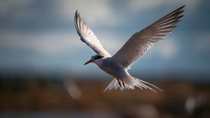 Obraz premium Common Tern in Flight Over Water, Wings Spread, Blue Sky Background
