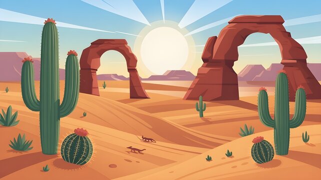 A desert landscape with two large red rock arches and several cacti under a bright sun