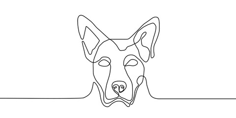Continuous one line dog outline art pet animal puppy illustration silhouette. Dog one line outline abstract doodle logo drawing sketch linear icon happy dachshund simple white background cute walk. © Максим Зайков