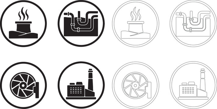 Black and white industrial with silhouettes of factory and pipe symbols