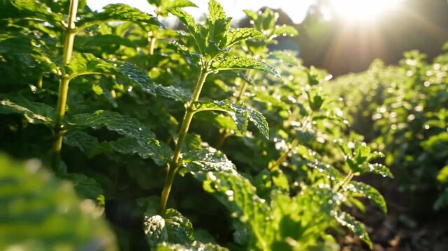 Fresh peppermint leaves glistening with dew in the morning sunlight, capturing the vibrant essence of a thriving herb garden and its aromatic potential.