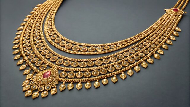 Exquisite layered gold necklace with intricate detailing and a central ruby pendant