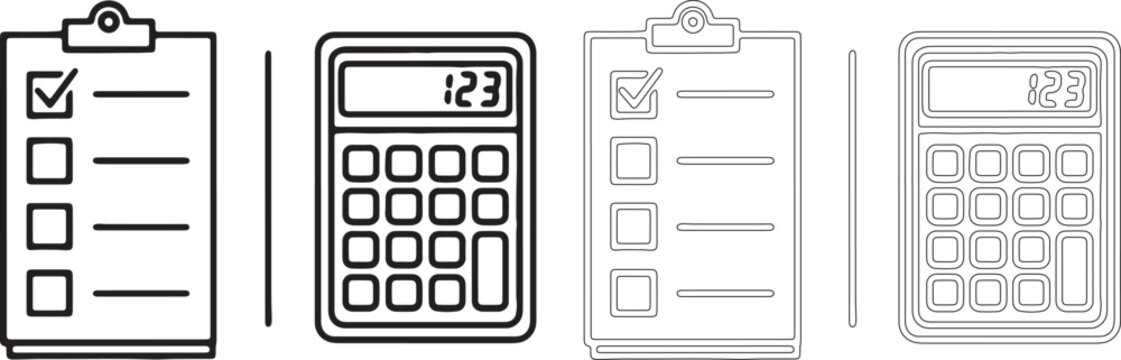 Black and white line of clipboard checklist and calculator