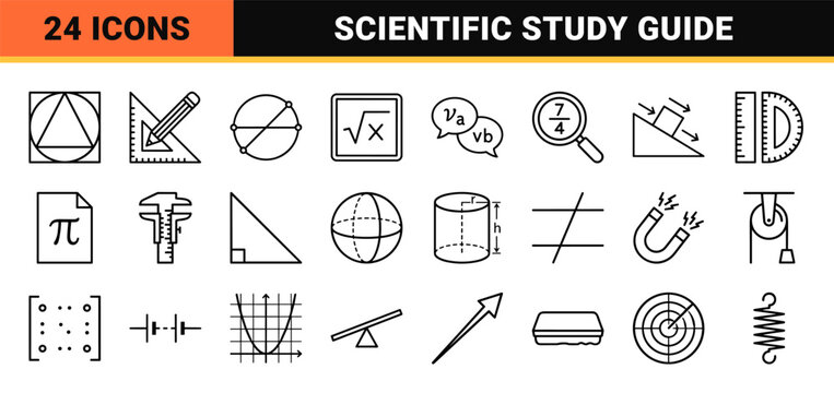 Mathematics and Science Educational Icon Set Featuring Minimalist Monoline Geometric Line Art for Academic and Technical Documentation