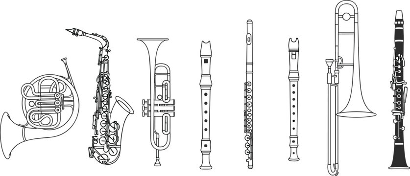 musical instruments outline vector set, orchestra band illustration, wind brass woodwind collection, saxophone trumpet trombone clarinet flute horn line art