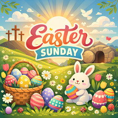 Obraz premium Colorful Easter Sunday Illustration with Cute Bunny, Easter Egg Basket, and Resurrection Tomb at Sunrise Background.