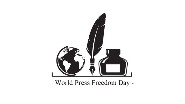 World Press Freedom Day logo with globe, feather quill and inkwell in black minimalist style for journalism and media