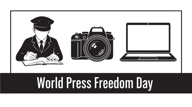 Journalist writing with camera and laptop in simple line art for World Press Freedom Day