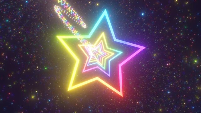 Flying In Neon Rainbow Glow Star Shape Twist Tunnel At Light Speed - 4K Seamless VJ Loop Motion Background Animation