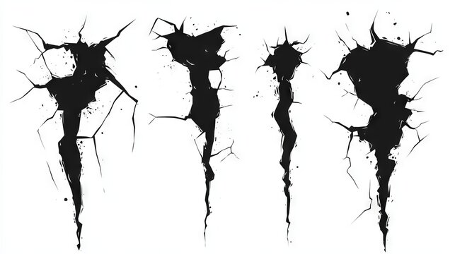 A set of black vector earthquake cracks and ground holes, ranging from thin, subtle fractures to a large, dark chasm, abstract destruction shapes for graphic design, isolated on white, clip art style.