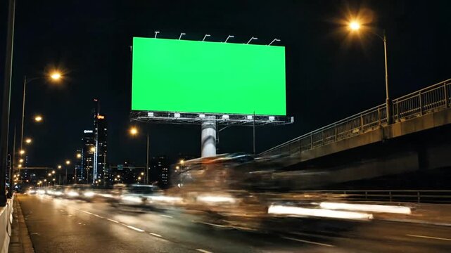 A green billboard footage stands out on a busy highway at night with blurred traffic lights and a bridge.