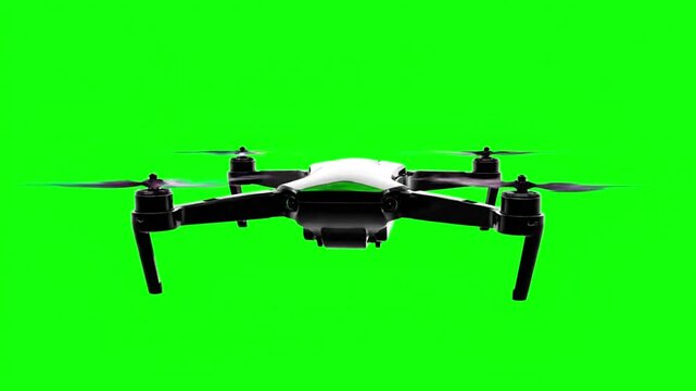 Drone aerial footage shows a sleek black quadcopter flying against green screen