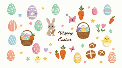 Happy Easter Elements Collection: Cute Bunny, Decorated Eggs, and Hot Cross Buns Vector