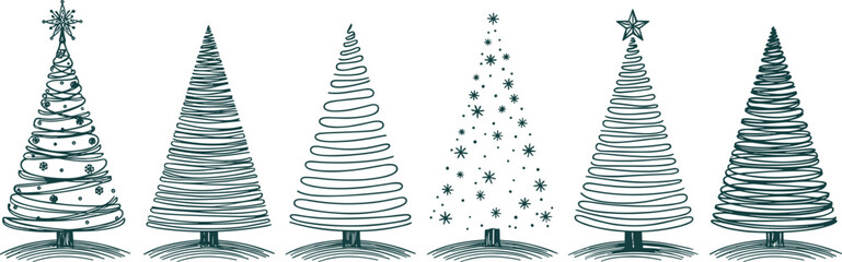 Christmas tree line art collection featuring hand drawn spiral evergreen designs isolated on white background for holiday greeting cards and festive decoration © MstFulmoti