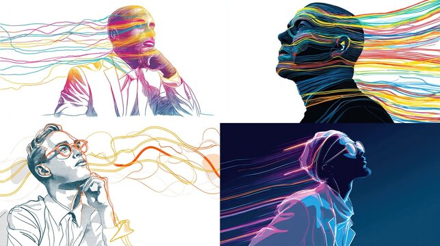 A bold thinker illuminated by floating neon lines