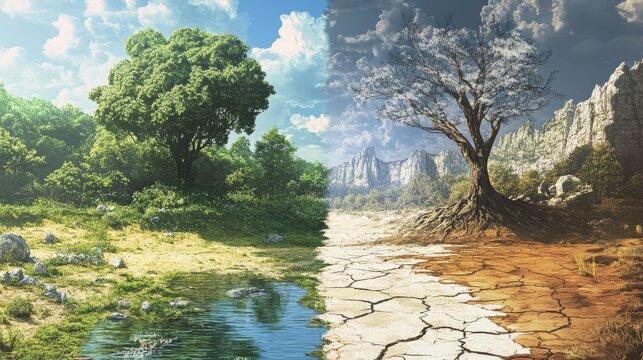 A powerful split-screen illustration, the left half shows a lush green forest with rich soil and a clear river, the right half shows the exact same landscape transformed into a dry, cracked desert