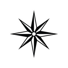 Fototapeta premium Minimalist black compass star icon with eight symmetrical points radiating from a central dot