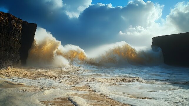 A dramatic wide-angle photo of a tombolo during high tide, with powerful ocean waves from both sides crashing over the narrow strip of sand, sending spray high into the air, with a dark, imposing