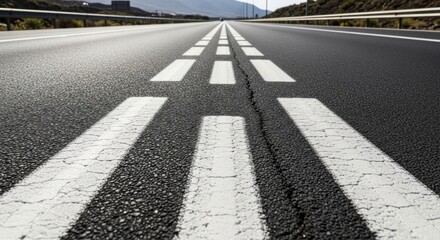 Fototapeta premium Straight Highway Lanes Leading Towards Distant Horizon With Cracked Asphalt