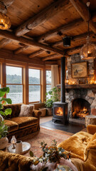 Naklejka premium Premium wooden chalet interior featuring a comfortable living space with a large stone fireplace and large windows for winter escapes.