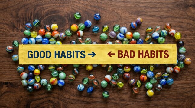 Colorful Marbles Divided by a Sign Showing Good and Bad Habits on a Rich Dark Walnut Wood Surface