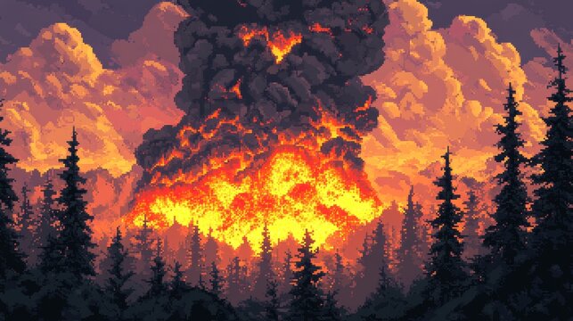 A massive volcano eruption in a vibrant 16-bit pixel art style. The volcano spews a huge plume of pixelated black smoke and red-hot lava bombs, thick orange lava flows down its sides, destroying