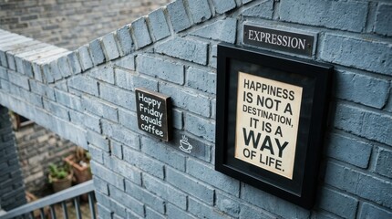 Naklejka premium Framed Quote and Small Sign on Brick Wall Featuring Motivational Messages About Happiness and Coffee