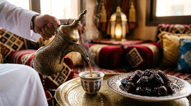 Pouring traditional steaming Arabic coffee from a brass dallah pot with a plate of sweet dates, warm majlis background