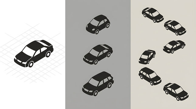 Isometric Car Silhouette Triptych - 30-Degree Projection Vertical Stack and Winding Path Formation - Minimalist Vector Art for Architectural Visualization