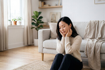 Naklejka premium Pensive young asian woman sitting peacefully by minimalist sofa
