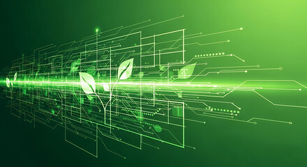 Obraz premium Green technology visualization featuring glowing digital grid in a futuristic abstract design highlighting sustainable energy concept with vibrant emerald light pattern and data connection.