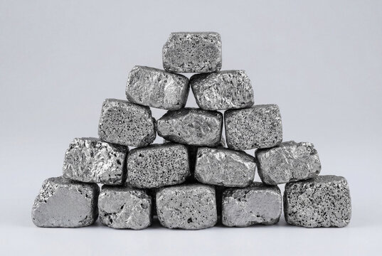 Stack of silver sintered molybdenum chunks isolated on white background