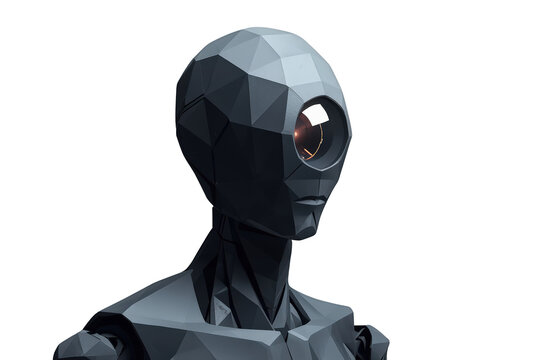 Low poly alien robot with big eye representing future artificial intelligence technology and cybernetic concepts on transparent background