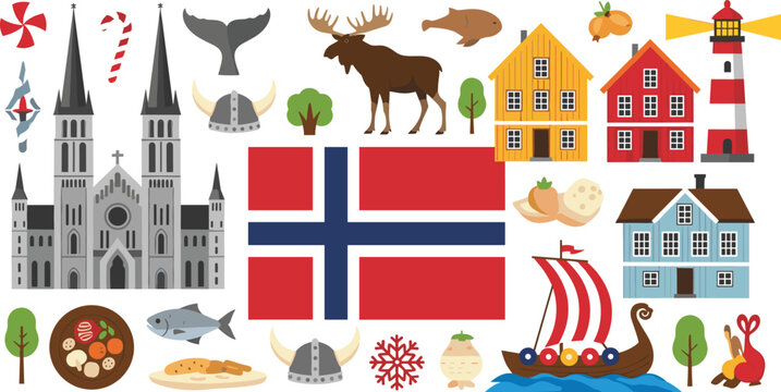 Norway map and culture icons set with flag viking ship houses moose church and traditional symbols flat vector illustration isolated