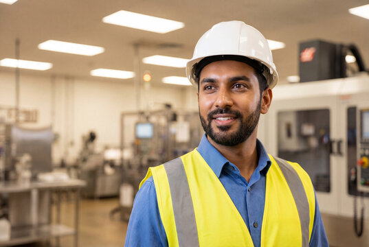 Industrial engineer wearing safety vest and hard hat in factory