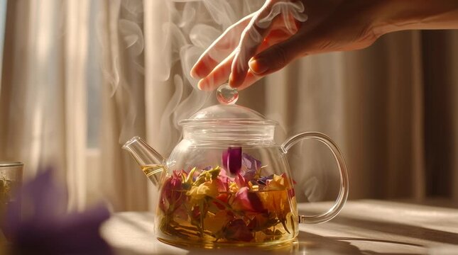 Slow-motion close-up hands adding colorful flower petals transparent glass teapot steaming herbal tea golden morning light filtering sheer curtains, minimalistic kitchen background focus textures