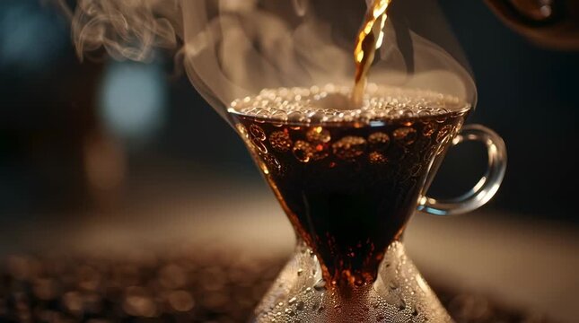 Macro shot coffee slowly pouring glass dripper, rich dark coffee mixing swirling patterns, steam rising slow motion, warm lighting reflecting off glass liquid, high detail texture of coffee grounds