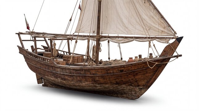 Traditional wooden sailing dhow boat with full sails and cargo